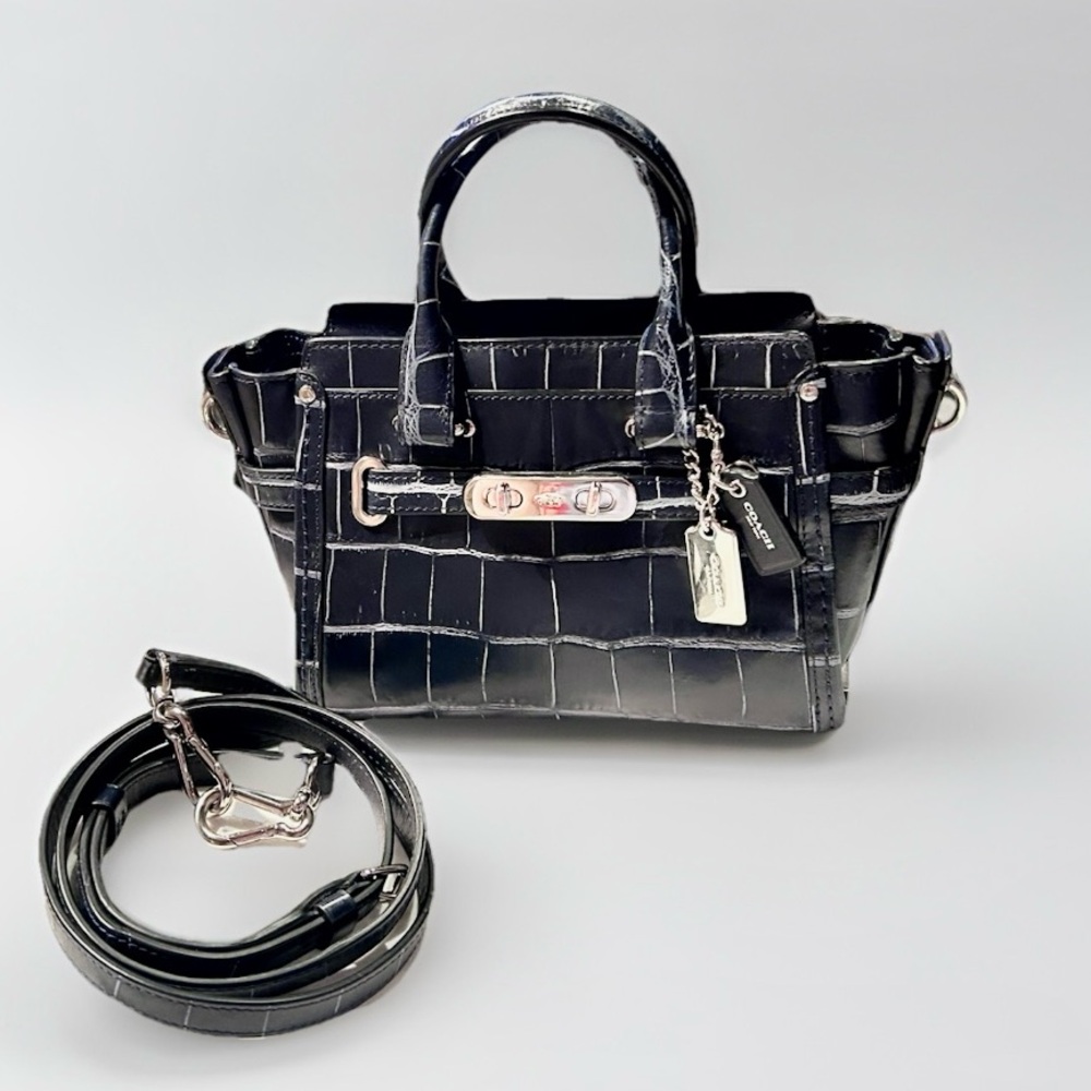 Coach Vintage SWAGGER 20 Croc Embossed Navy Denim Satchel W/Crossbody EUVC 37186
